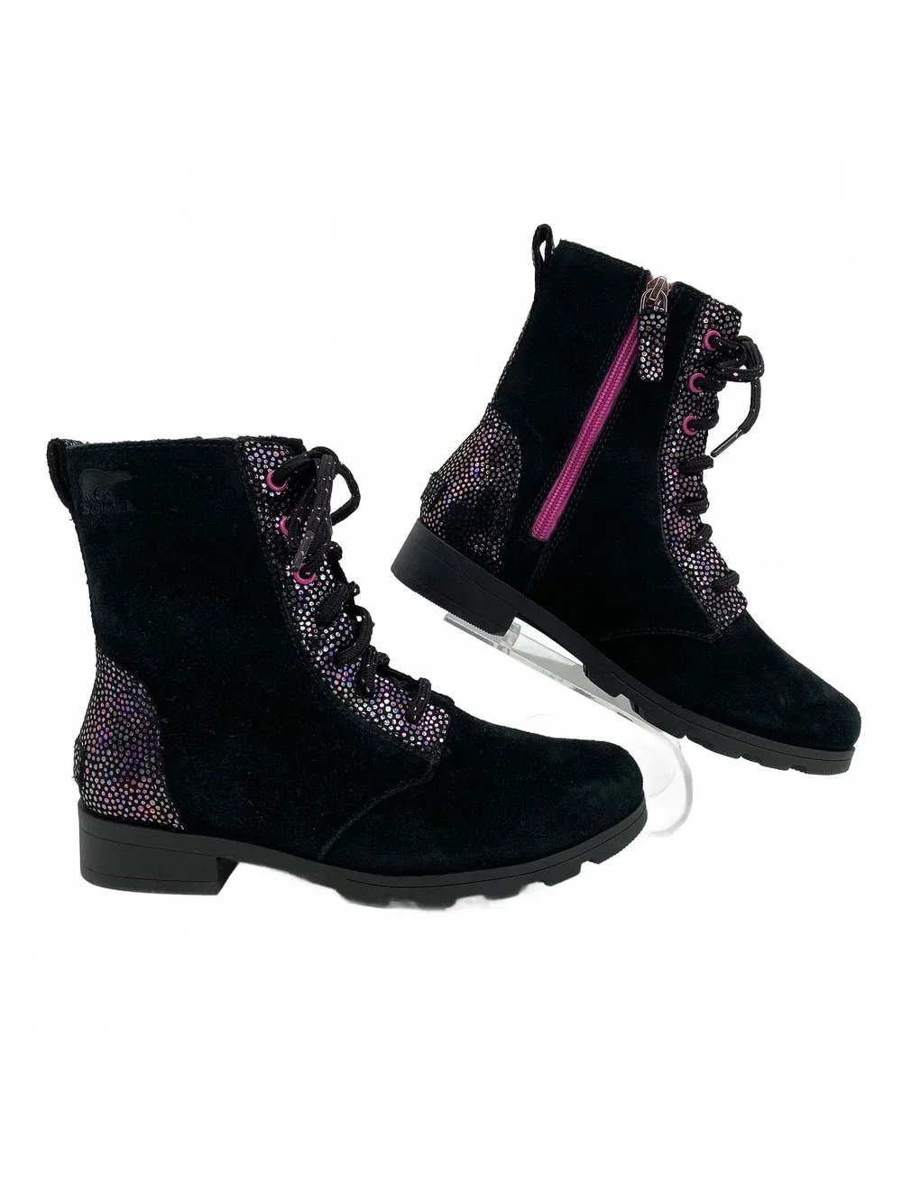 Sorel Black Pink Sparkle Lace-Up Boots | Kids' Leather Combat 5